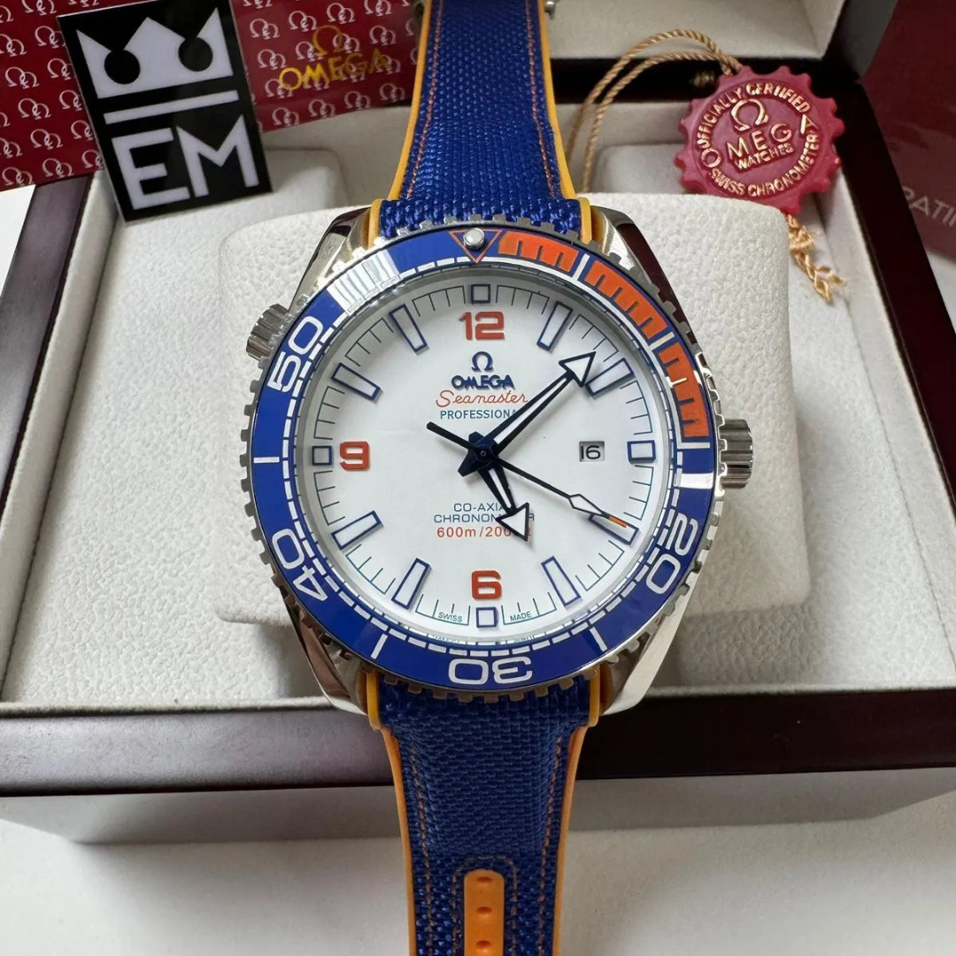 Omega Seamaster Planet Ocean “Co-Axial Chronometer” – Blue/Orange | White Dial