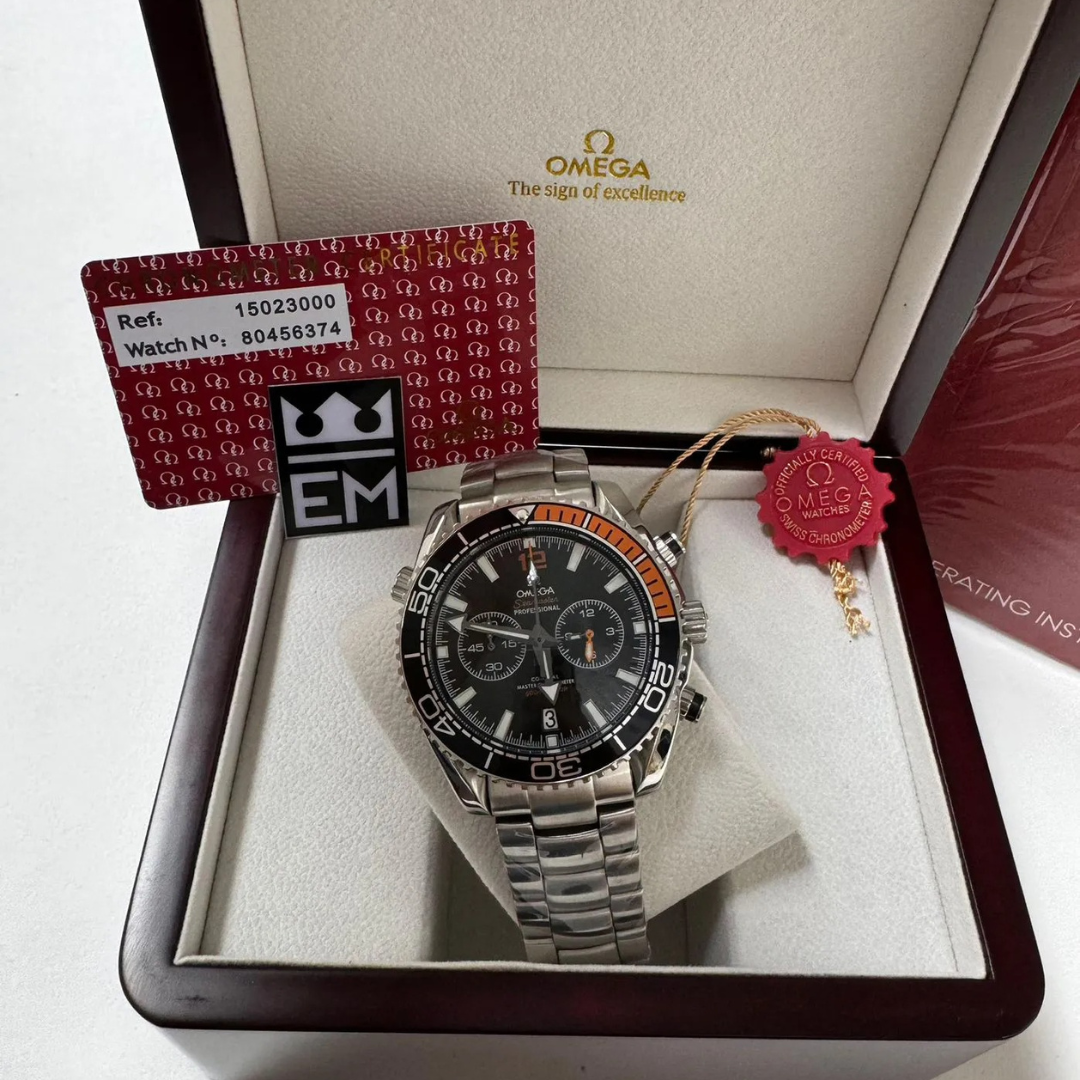 Omega Seamaster Planet Ocean Chronograph – Black & Orange | Stainless Steel Bracelet