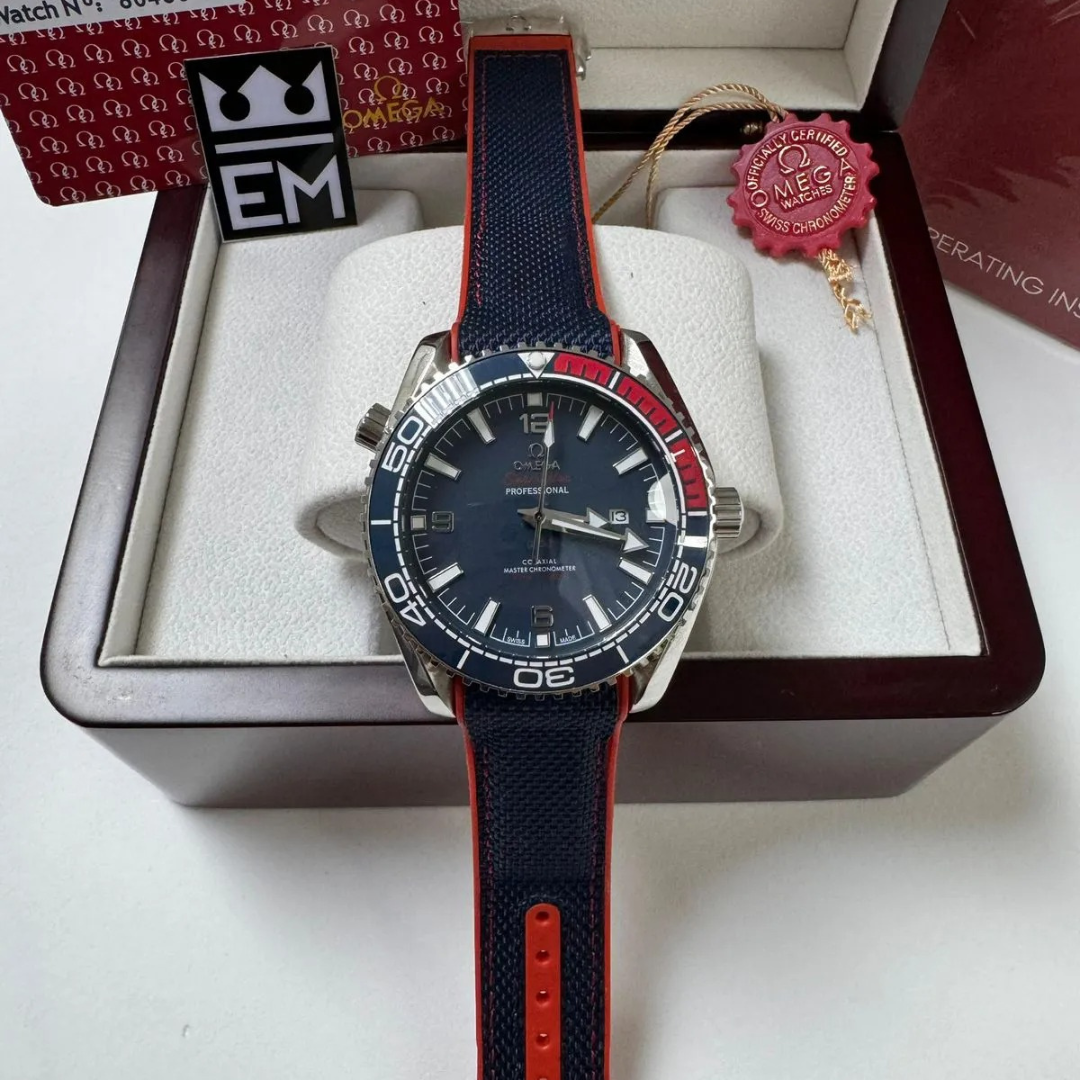 Omega Seamaster Planet Ocean “Co-Axial Master Chronometer” – Blue/Red | Textile Strap